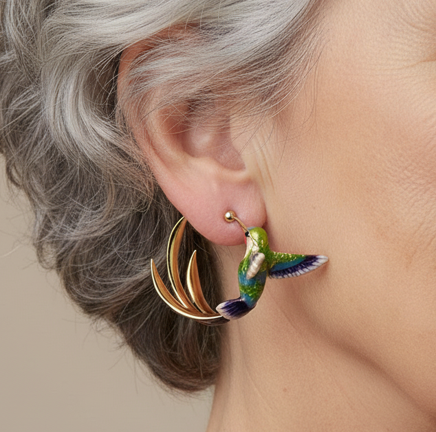 Vintage Enamel Hummingbird Hoop Earrings