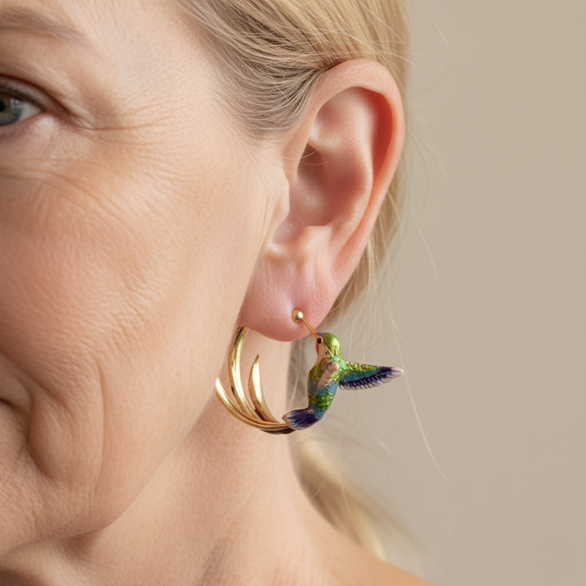 Vintage Enamel Hummingbird Hoop Earrings