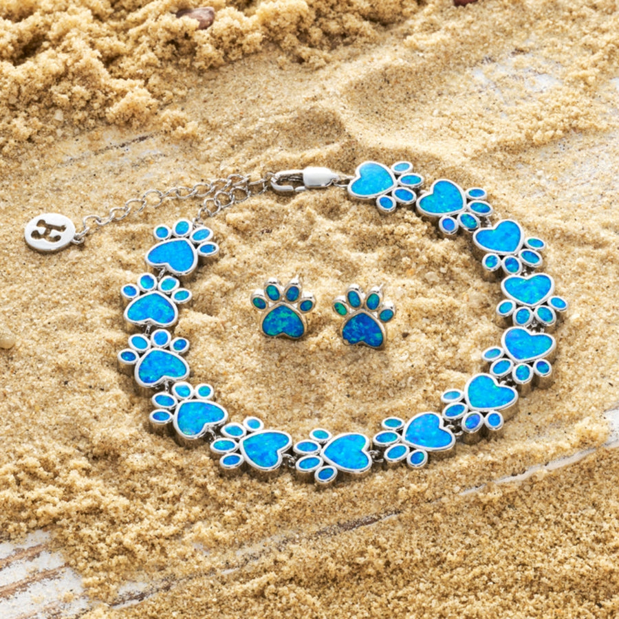 Oceanic Paw Blue Opal and Silver Bracelet + Earrings Set | Sustainable Ocean-Inspired Jewelry