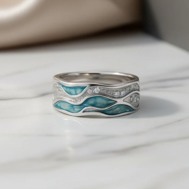 Turquoise Silvered Waves Ring