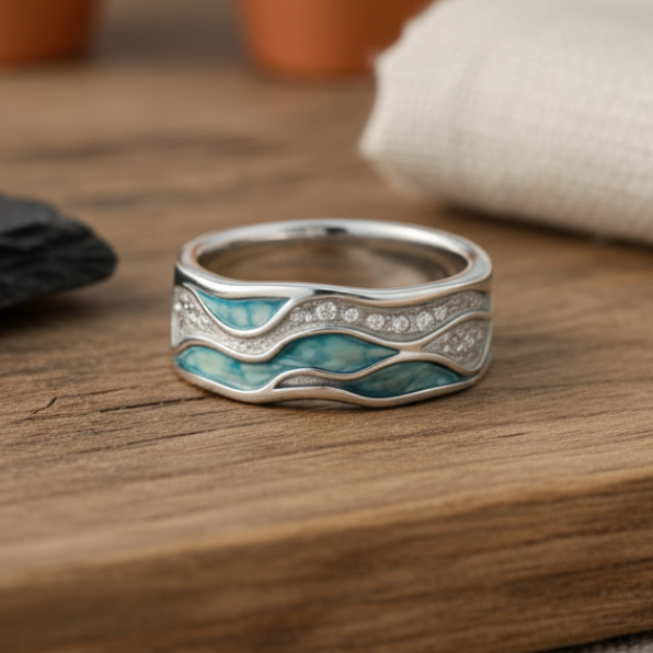 Turquoise Silvered Waves Ring