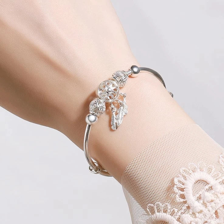 925 Sterling Silver Adjustable Bracelet with Triple Leaf Charms