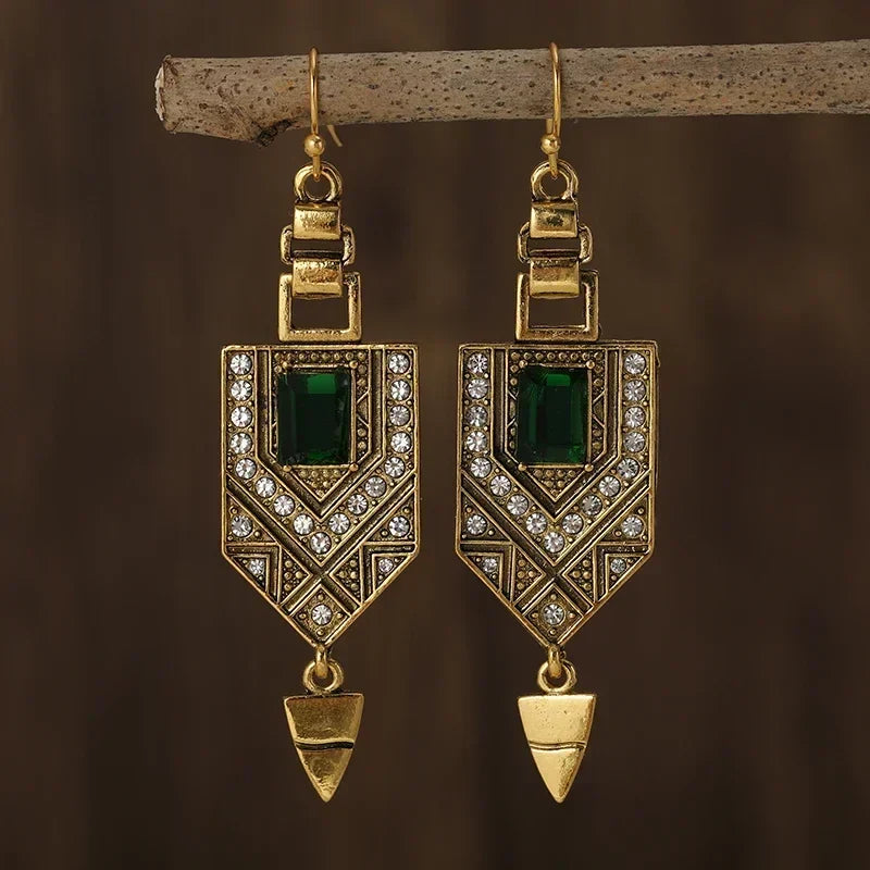Vintage Gold & Green Geometric Earrings