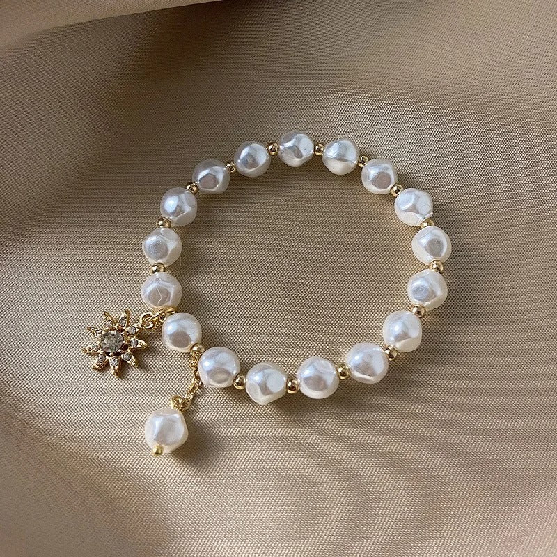 Gold White Pearl & Sunflower Pendant Bracelet