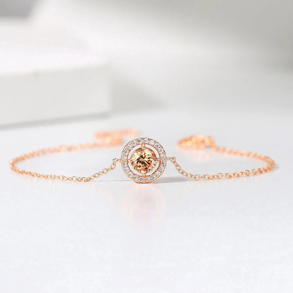 Classic Rose Gold Round Orange Gem & Sparkling Border Bracelet