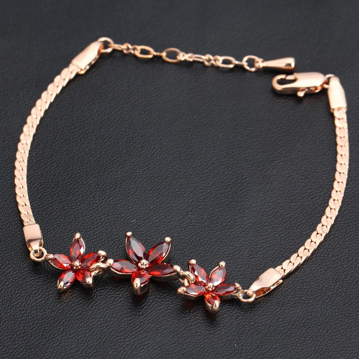 Retro Rose Gold & Three Red Crystal Flower Bracelet