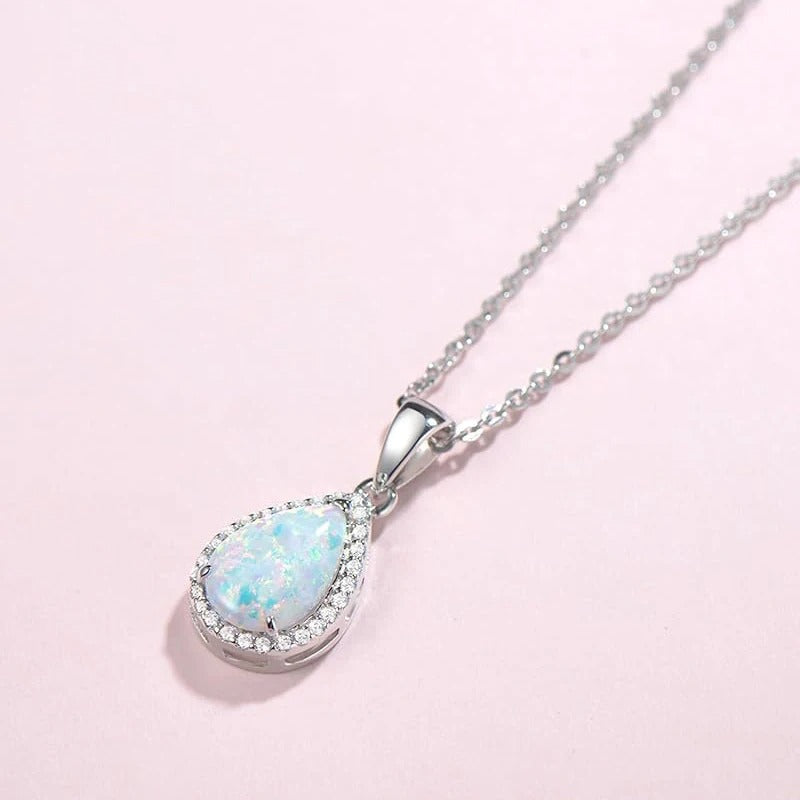 Silver Pear Opal Pendant Necklace