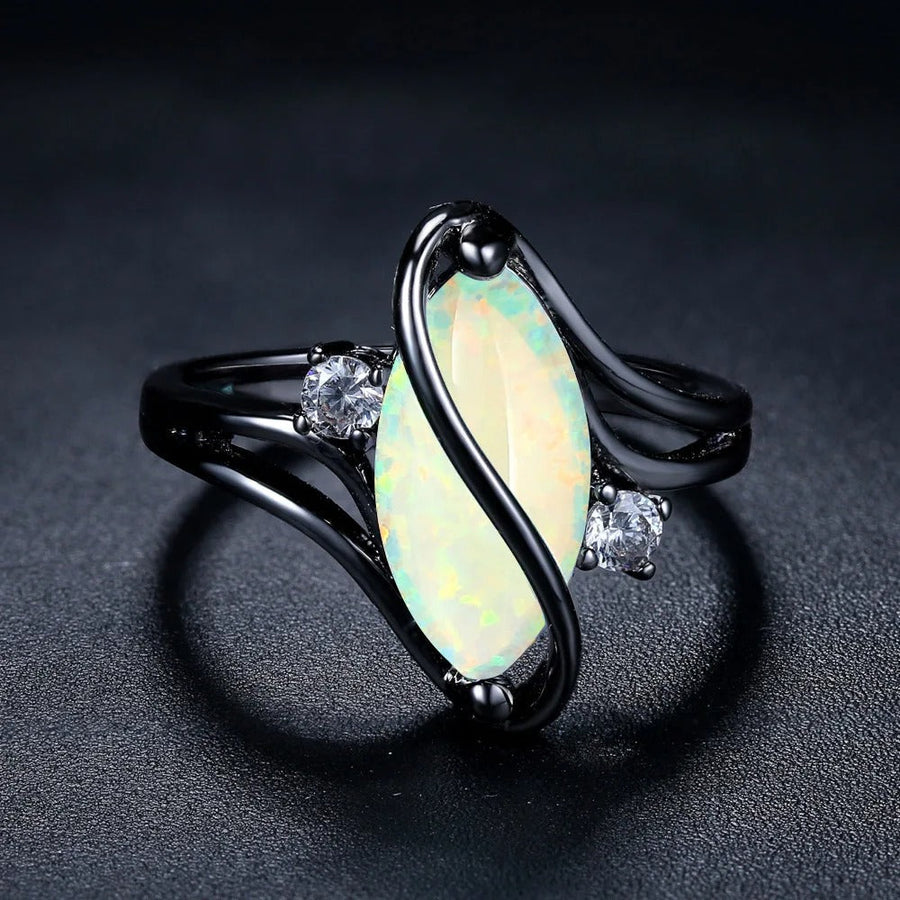 Vintage Black Silver Opal & Crystal Accent Ring