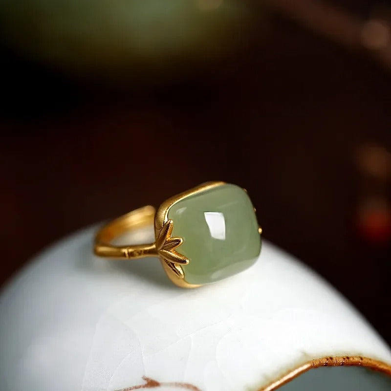 Vintage Gold Green Jade Adjustable Ring