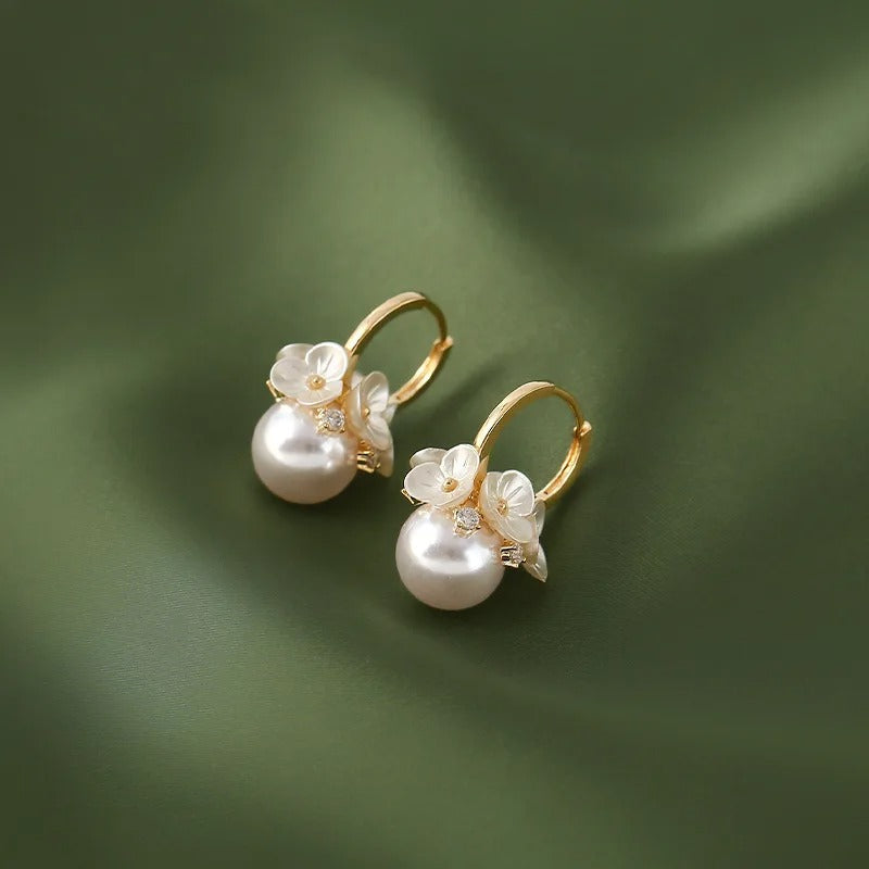 Vintage Flower Pearl Ball Pendant Earrings