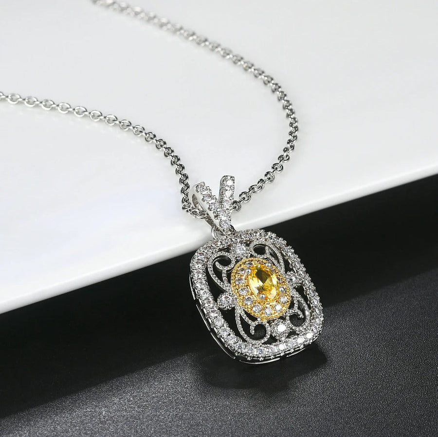 Retro Silver Yellow Gemstone & Crystal Surround Necklace