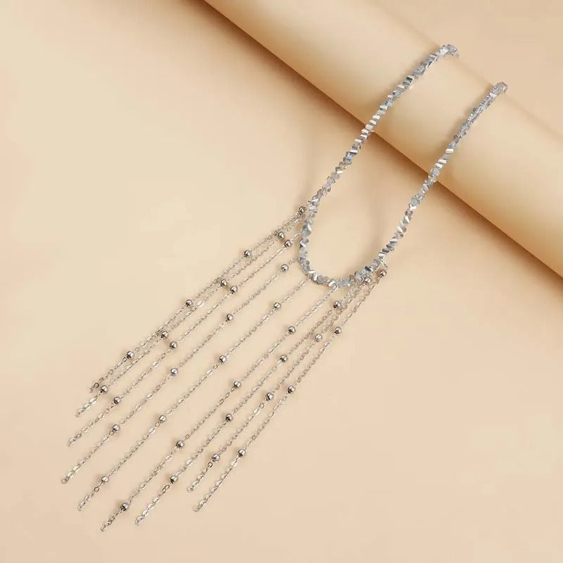 Silver Fringe & Beaded Chain Drops Necklace