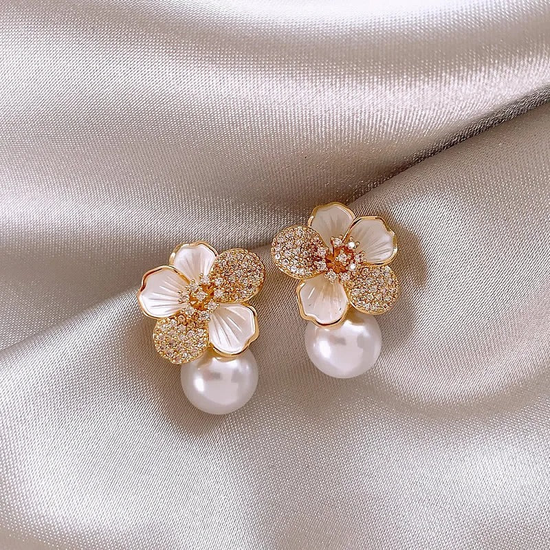 White Camellia Pearl Pendant Earrings