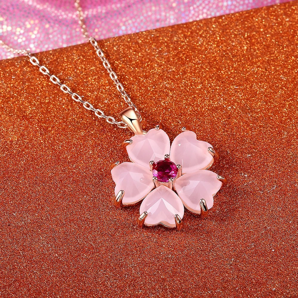 Gold Pink Flower Pendant Necklace