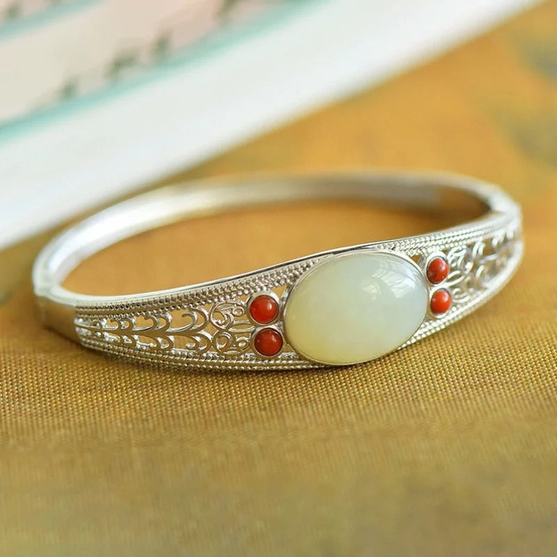 Classic Silver Green Stone & Coral Bangle Bracelet