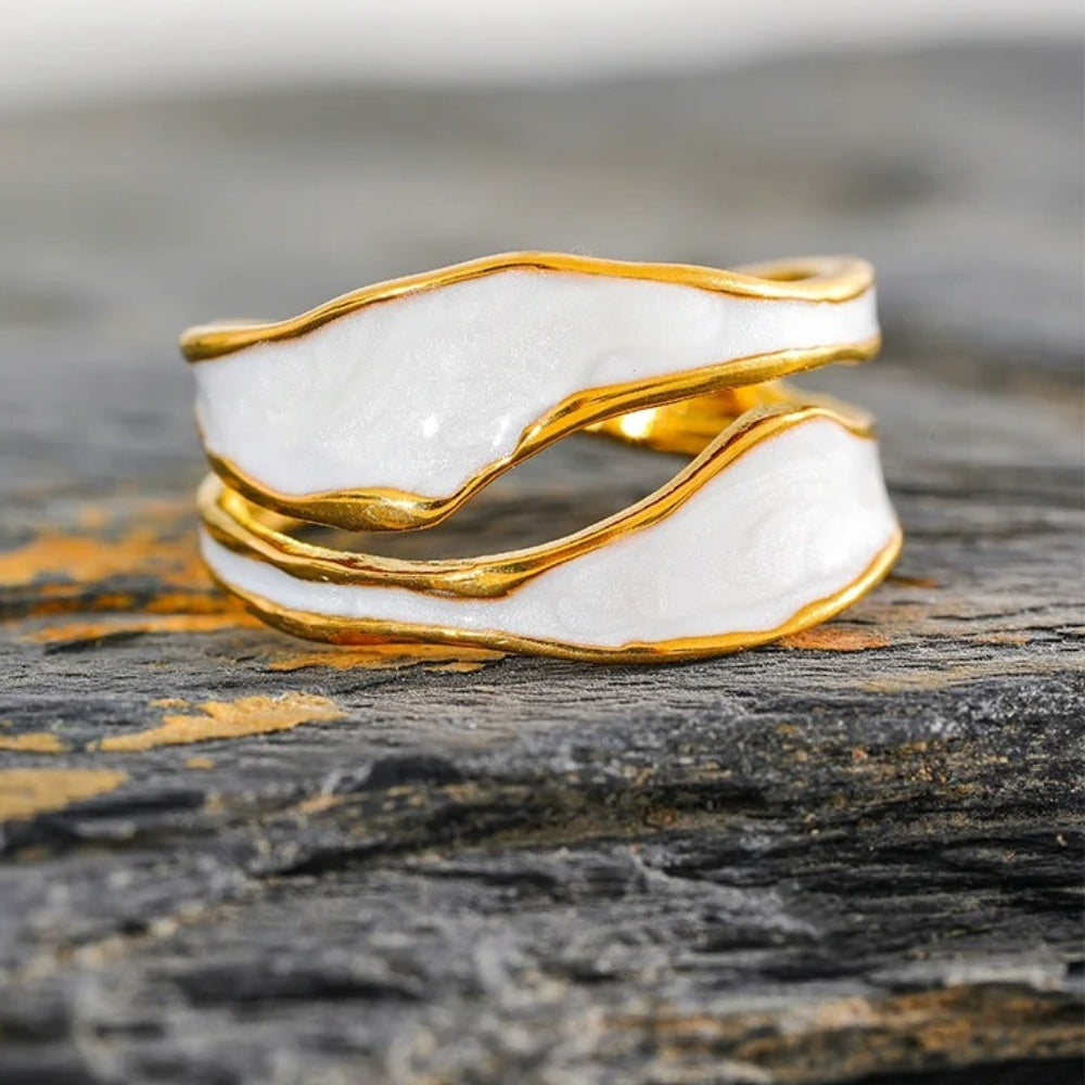 Gold White Enamel Swirl Pattern Open Ring